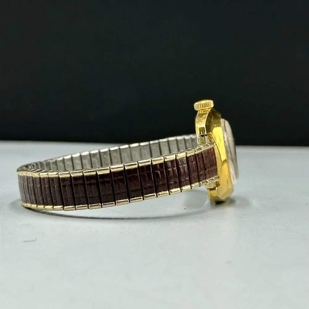 Vintage Timex Watch Women Gold Tone Manual Wind Brown Stretch Band 6.25 Inch